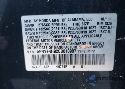 2012 Honda Pilot Touring z USA, uszkodzony, nr VIN 5FNYF4H92CB010997